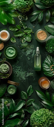 Flat lay of skincare, green and white, ingredient, AI