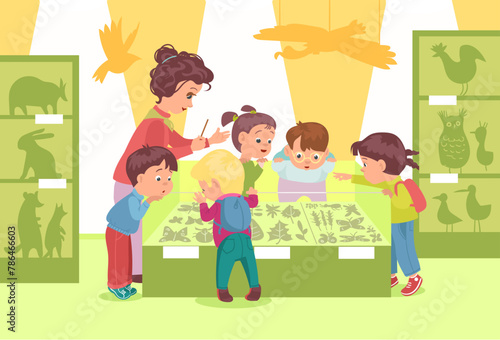 Children in exhibition hall. Curious kids with guide looking at animals exposition. Insects and herbarium at natural science museum. Educational exposition. Splendid vector concept