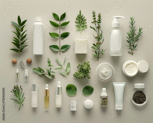The generative AI flat lay of natural skincare, ingredient, white and green photo