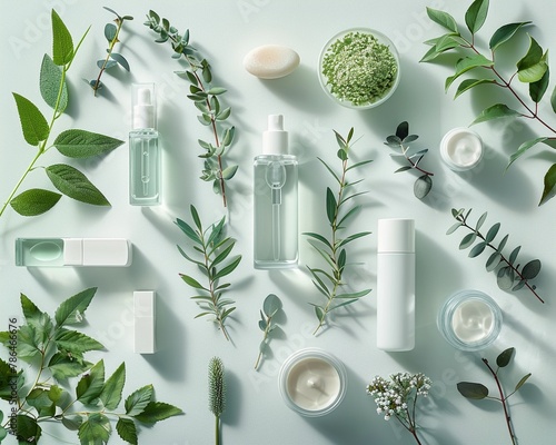 The flat lay of natural skincare, ingredient, white and green, Generative AI photo