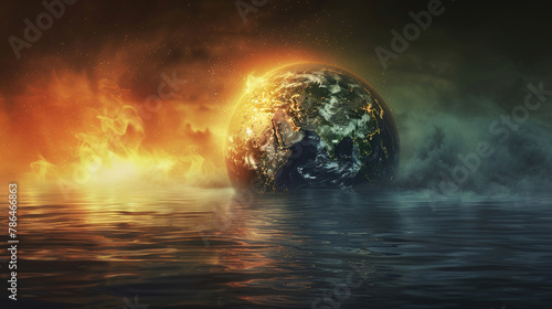 A dramatic depiction of Earth with visible effects of climate change melting ice caps and rising sea levels evoking a sense of urgency