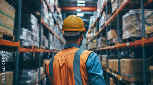 Detailed portrayal of a diligent warehouse worker in a hard hat  attentively navigating through a busy industrial setting photo
