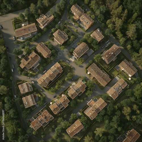 Aerial View of a Peaceful Suburban Neighborhood at Dusk