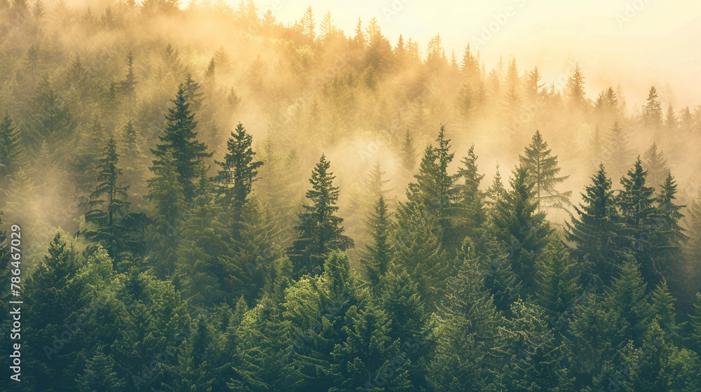 Sun kissed golden hour mist cascades through dense fir trees  casting a warm glow over the serene forest in a nostalgic vintage style