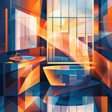 Vector illustration of a mordern bathroom with window and bathtub, wash basin, 8K