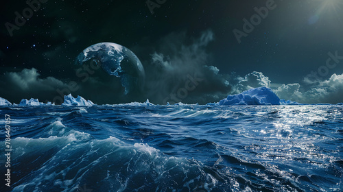 A dramatic depiction of Earth with visible effects of climate change  melting ice caps and rising sea levels evoking a sense of urgency #786467057