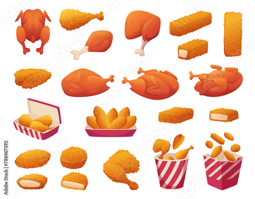 Fried chicken. Fast food snacks fried wings of chicken and hen legs exact vector illustrations of different tasty products