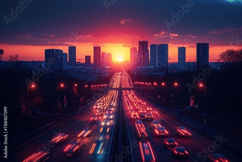 A highway stretching towards the city skyline at dusk, with towering buildings and a vibrant sky in the background creating a stunning metropolitan landscape photo