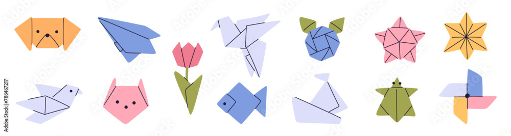 Naklejka premium Cartoon origami. Different paper shapes. Tulip flower. Ship and plane. Polygonal animals. Japanese art. Pinwheel and star. Asian crane bird. Geometric folded zoo forms. Garish vector set