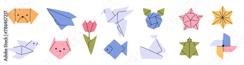 Cartoon origami. Different paper shapes. Tulip flower. Ship and plane. Polygonal animals. Japanese art. Pinwheel and star. Asian crane bird. Geometric folded zoo forms. Garish vector set