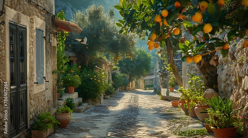 Mediterranean village adorned with ancient stone houses nestled among flourishing orange trees