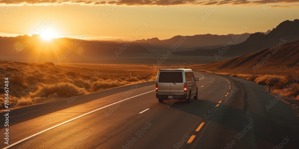 Vintage travel van on a desert trail at sunset, symbolizing adventure and freedom.