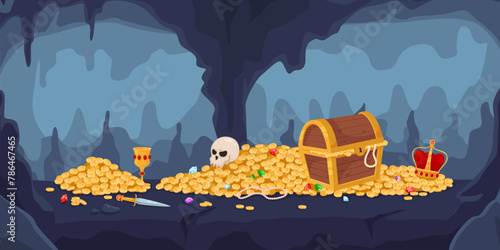 Cartoon cave with fabulous treasures. Wooden chest full of gold coins and gemstones. Jewelry cups and crowns. Human skull. Stone grotto. Golden wealth in cavern. Recent vector concept