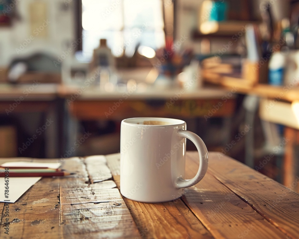 Detailed shot of a coffee mug template on a designer's desk, surrounded by creative tools, focus on potential customization Detailed shot of a coffee mug template on a designer's desk, surrounded by creative tools, focus on potential customization