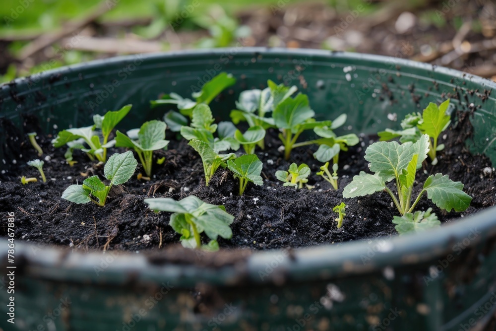 Organic seedlings thriving in a community garden plot with lush black soil, illustrating growth and sustainability Organic seedlings thriving in a community garden plot with lush black soil, illustrating growth and sustainability
