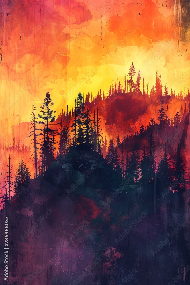 Fototapeta premium Sunset over forest painting