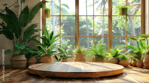 A round wooden podium on  a view of a tropical forest. empty wood podium in room  banner for product display   Nature wood podium 
