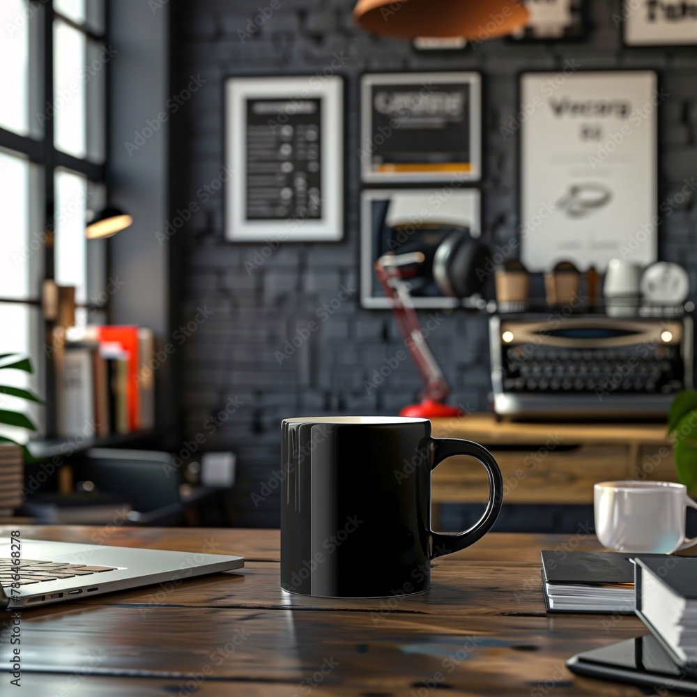 Naklejka premium Professional coffee mug displayed in a creative office setting, Photoshop mockup ready, perfect for online shop marketing