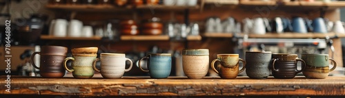 Series of unique pottery mugs lined up, each a piece of art, showcased in a professional barista environment for ad mockups