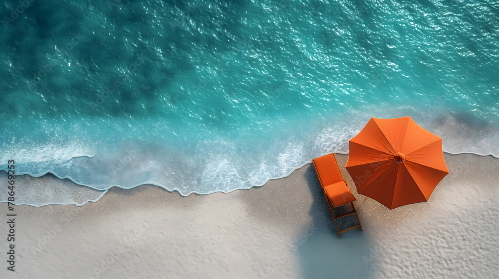 Fototapeta premium Tranquil Beach Scene with Orange Sun Lounger and Umbrella