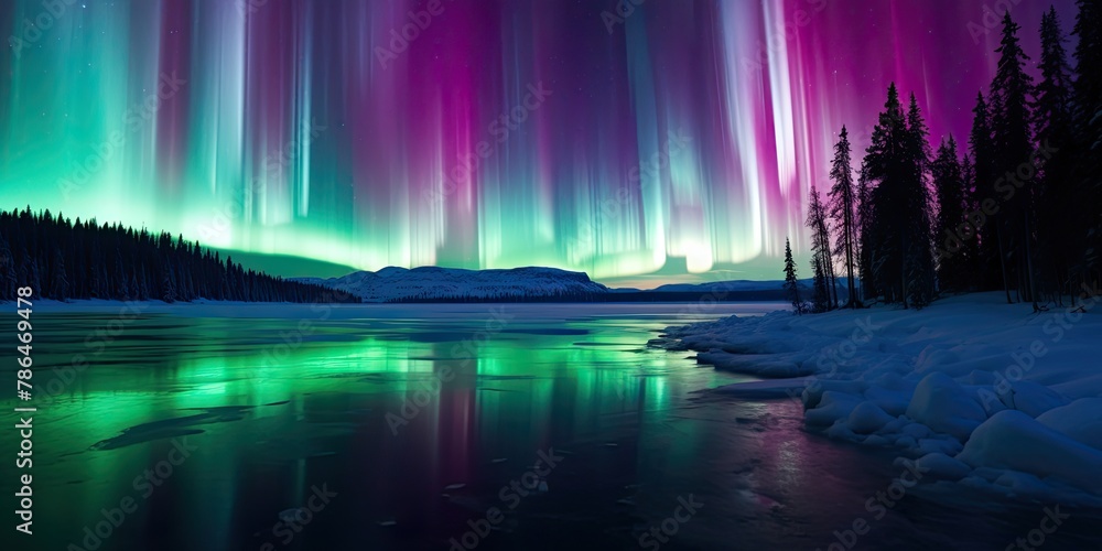 Night sky with colorful aurora borealis over snowy mountain peaks.