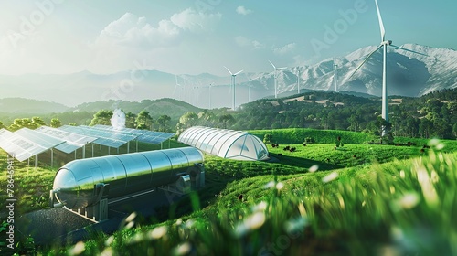 Fototapeta Naklejka Na Ścianę i Meble -  Green Hydrogen renewable energy production pipeline. Green hydrogen gas for clean electricity solar and wind turbine facility. copy space for text.