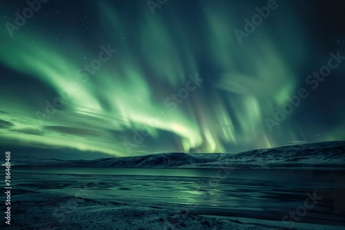 A green and purple aurora borealis lights up the sky over a tranquil body of water.