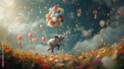 Lustiger Elefant mit bunten Luftballons fliegt in der Luft als Geburtstagskarte und Druckvorlage, ai generativ