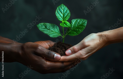 Unity in Diversity Black and white hands nurture young plant together in fertile soil