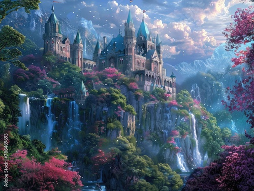 An enchanting fairytale castle perched atop a lush green hill, surrounded by sparkling waterfalls and blooming gardens magical kingdom Soft moonlight bathes the scene in an ethereal glow, creating