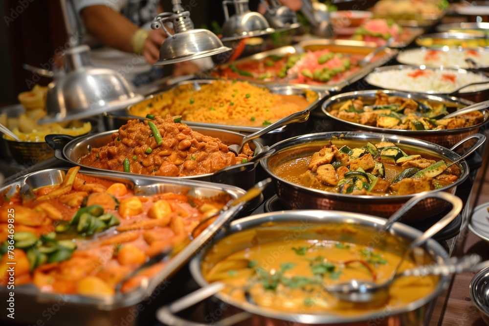 Fototapeta premium A buffet of food with a variety of dishes including curry, rice, and vegetables. Scene is inviting and delicious