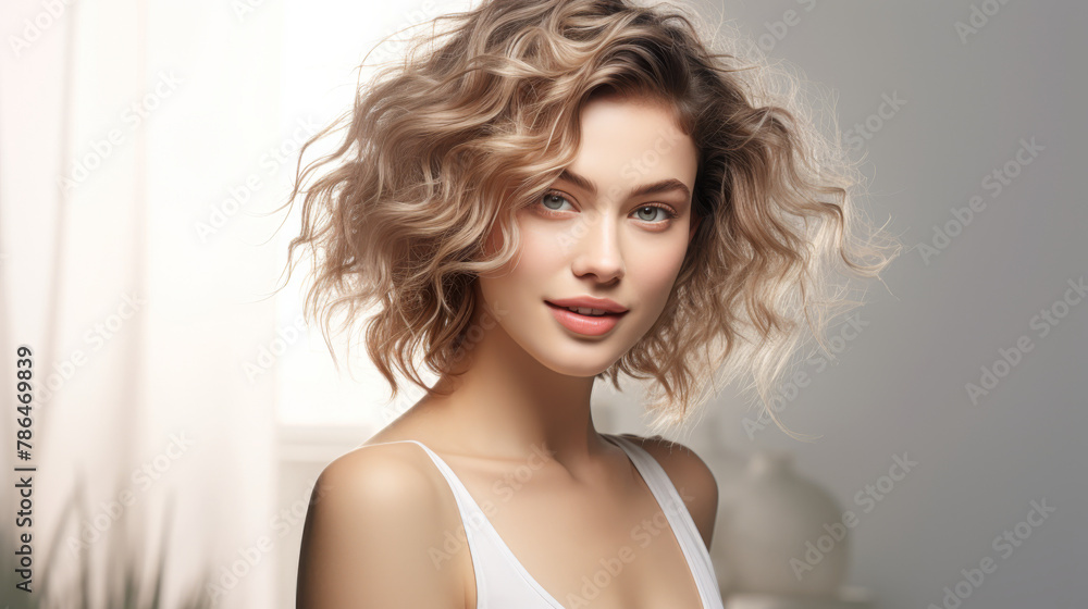 Naklejka premium A woman with short hair and a white tank top is smiling. Concept of confidence and positivity