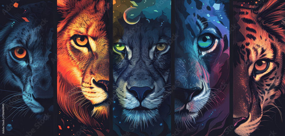 A series of colorful animal faces, including a lion, tiger, and leopard. The faces are all different colors and sizes, and they are arranged in a row. Concept of diversity and individuality A series of colorful animal faces, including a lion, tiger, and leopard. The faces are all different colors and sizes, and they are arranged in a row. Concept of diversity and individuality