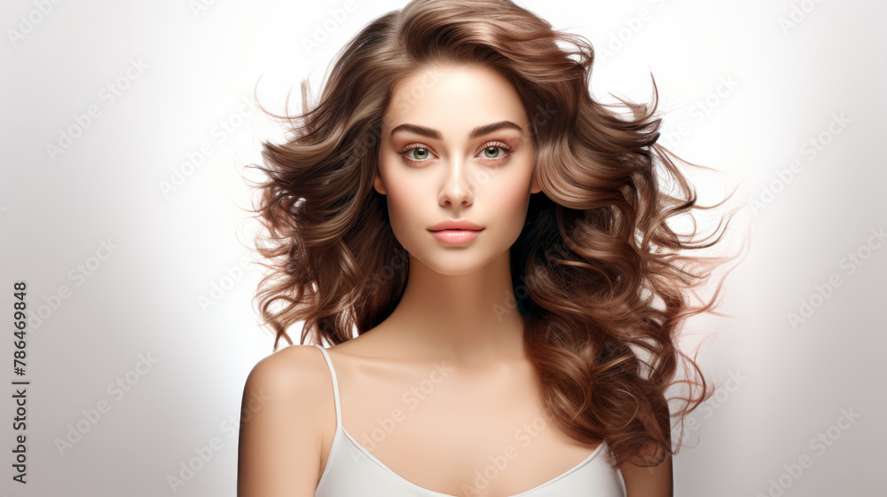 A woman with long brown hair is standing in front of a white background. She has a beautiful smile and her hair is blowing in the wind