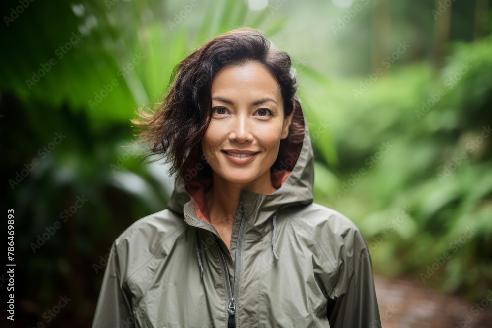 Portrait of a merry asian woman in her 40s wearing a windproof softshell in front of lush tropical rainforest