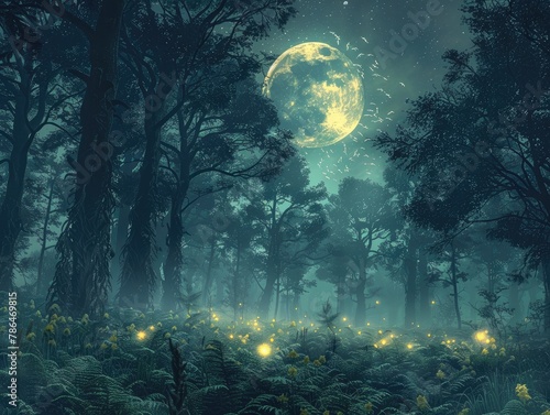 An enchanting forest glade bathed in the soft light of the moon, with ancient trees towering overhead and fireflies dancing among the ferns woodland magic The ethereal glow of moonlight illuminates