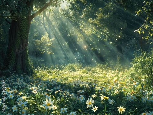An enchanting forest clearing with shafts of sunlight filtering through the canopy, illuminating a bed of wildflowers tranquil serenity Ethereal lighting creates a magical atmosphere, inviting viewers