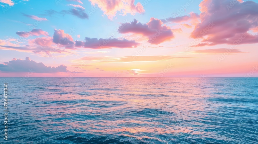 Inspirational calm sea with sunset sky. Meditation ocean and sky background. Colorful horizon over the water. Calmness, zen, tranquility concept, freedom and carefree design, nature scenery 