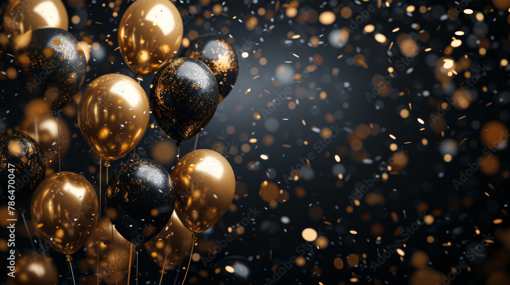 A bunch of gold and black balloons are falling from the sky. The balloons are scattered all over the ground, creating a festive and celebratory atmosphere