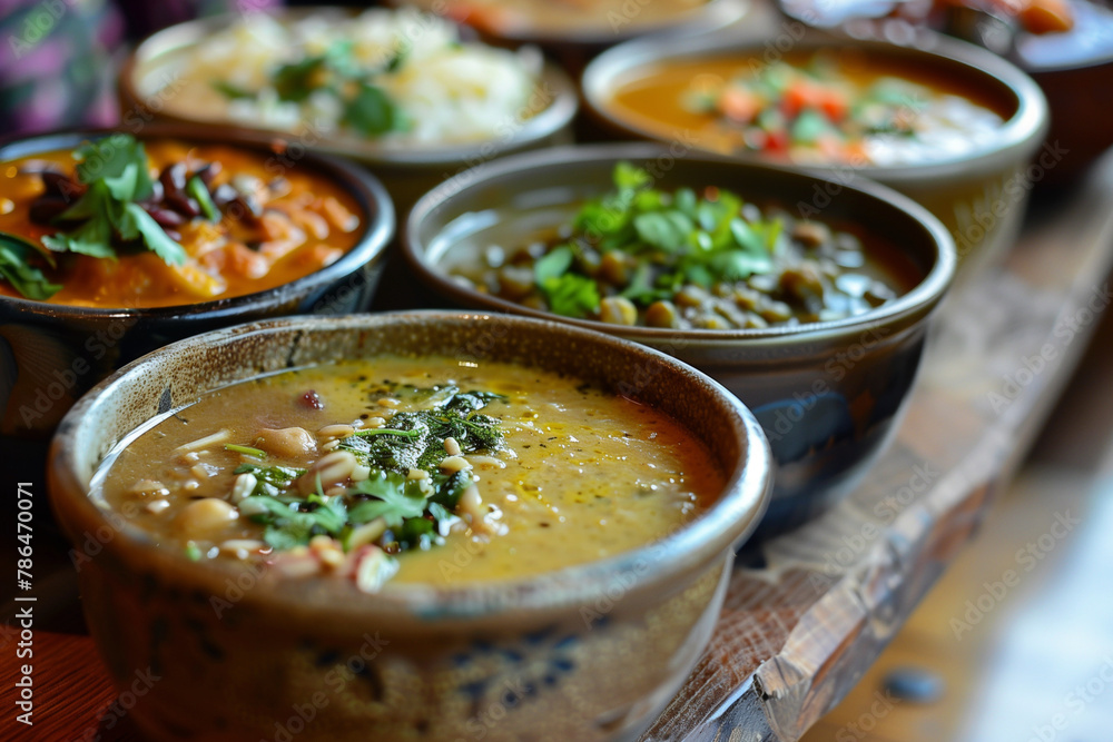 A table with many bowls of food, including soup, noodles, and meat. The bowls are arranged in a row, with some bowls closer to the front and others further back A table with many bowls of food, including soup, noodles, and meat. The bowls are arranged in a row, with some bowls closer to the front and others further back