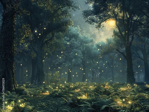 An enchanting forest glade bathed in the soft light of the moon, with ancient trees towering overhead and fireflies dancing among the ferns woodland magic The ethereal glow of moonlight illuminates
