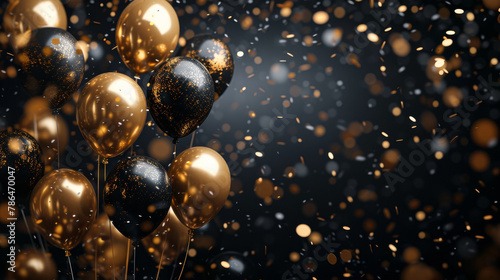 A bunch of gold and black balloons are falling from the sky. The balloons are scattered all over the ground, creating a festive and celebratory atmosphere