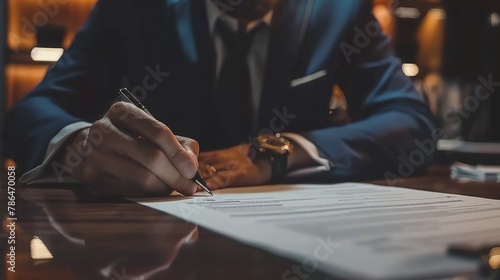 Hand businessman signing contract. Asia businessman check the correctness of work at the office with a beautiful pen. Hands working with documents at desk and signing contract. photo