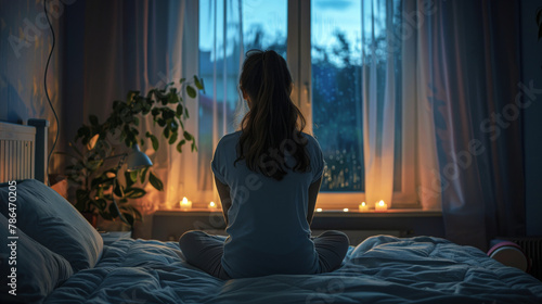 A woman is sitting on a bed in a dimly lit room. She is looking out the window, and there are candles on the windowsill