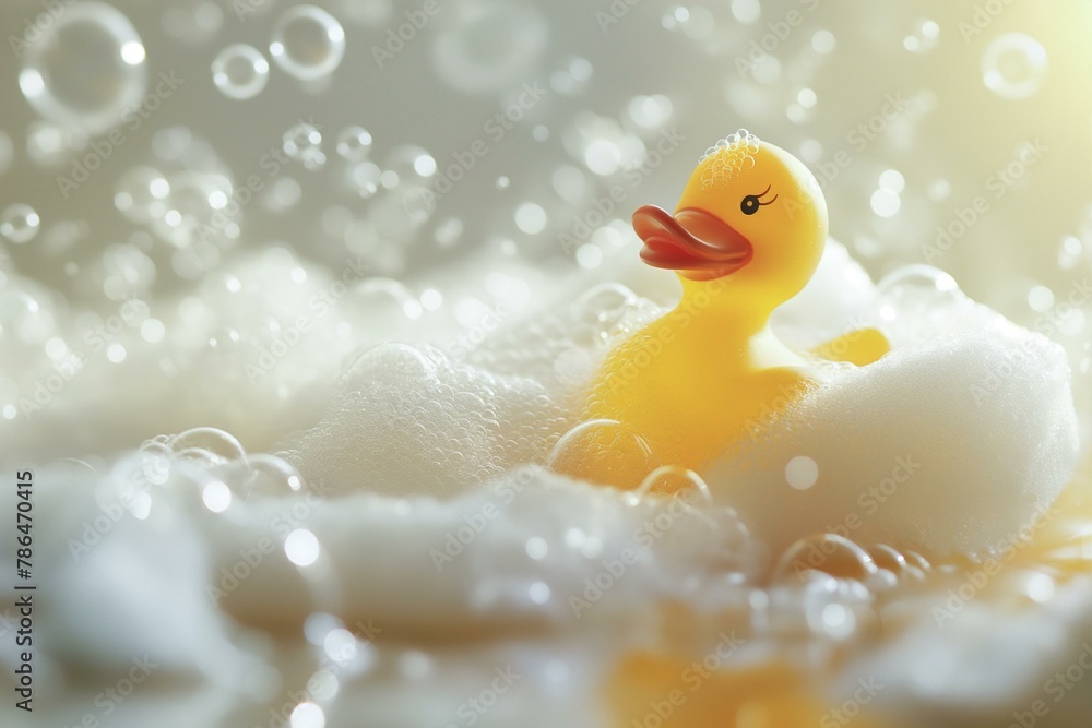 Luxurious Bath Time Scene: Rubber Duck in Sparkling Bubbles and Soft Foam Luxurious Bath Time Scene: Rubber Duck in Sparkling Bubbles and Soft Foam
