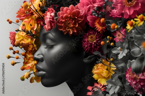 Artistic Display of Colorful Flowers on Monochrome Female Profile, Elegant Floral Concept © Generative ART
