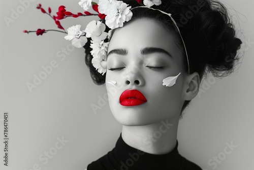 Elegant Fashion Model with Red Lips and Monochrome Floral Decor