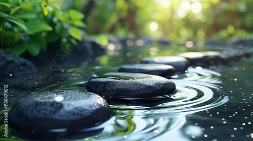 A tranquil spa setting with Zen stones, gentle water ripples, and soft green plants, ideal for relaxation and bodycare concepts