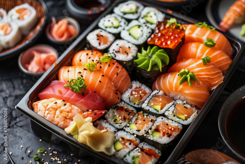 A variety of sushi and other Asian dishes are laid out on a wooden board. The presentation is colorful and appetizing, with a mix of different types of sushi and other foods