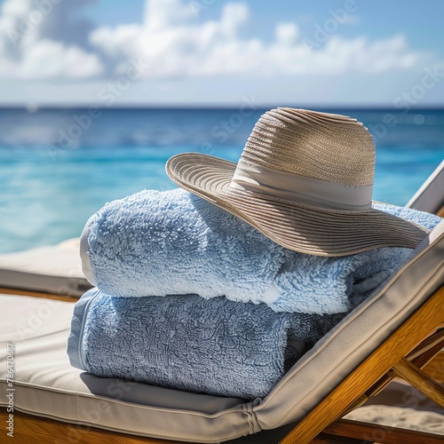 Various luxurious towels arranged with a stylish sun hat on a beach chair, overlooking the ocean, spacious layout for text on the side for travel promotions.The scene is expertly captured using a Niko photo